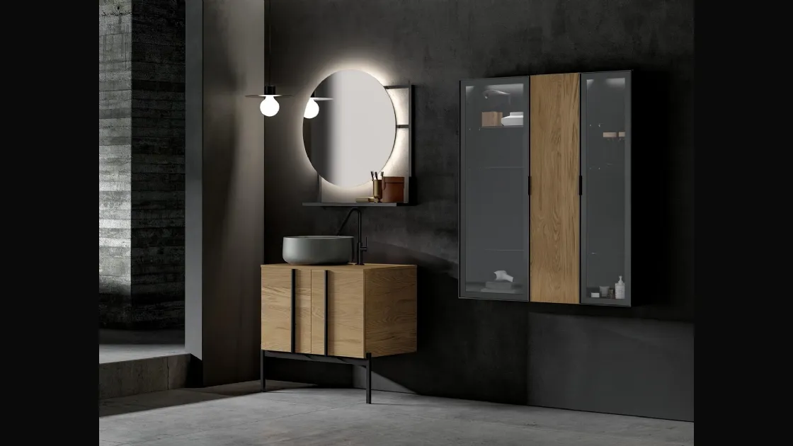 Mobile da Bagno a terra Sidéro 05 in essenza rovere naturale e metallo nero di Birex