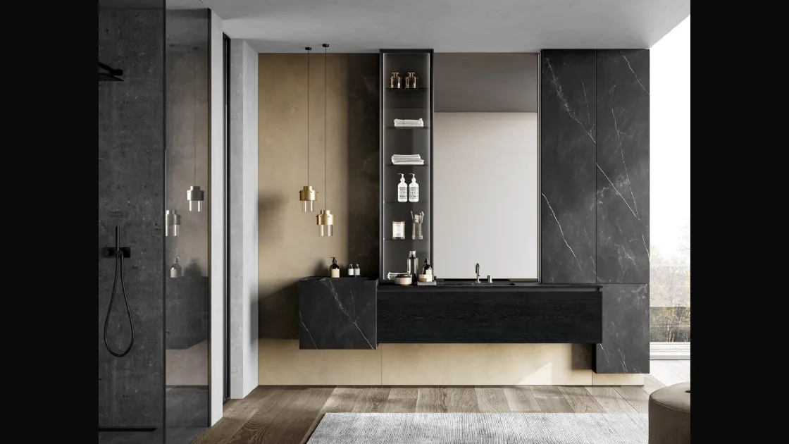 Mobile da Bagno sospeso Facto 08 in essenza rovere carbone e gres di Birex